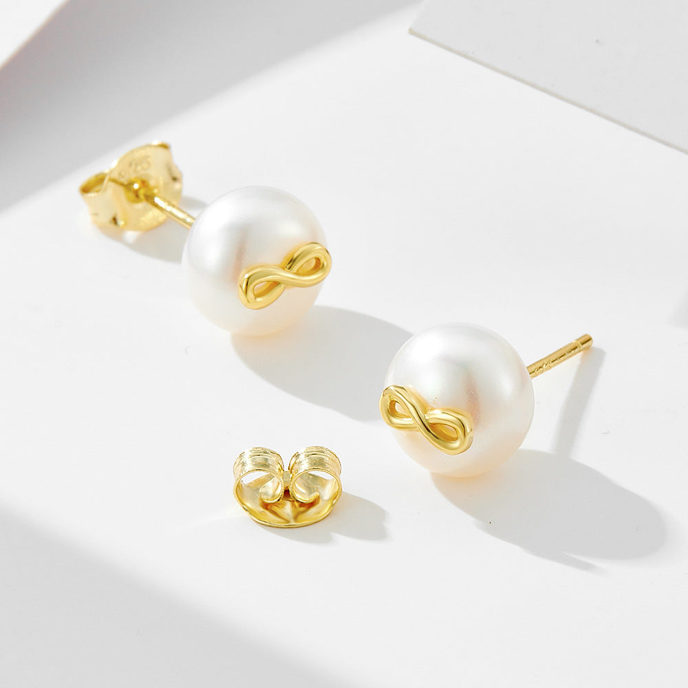 S925 Sterling Silver Infinite Love 8 Character Natural Pearl Stud Earrings Japanese And