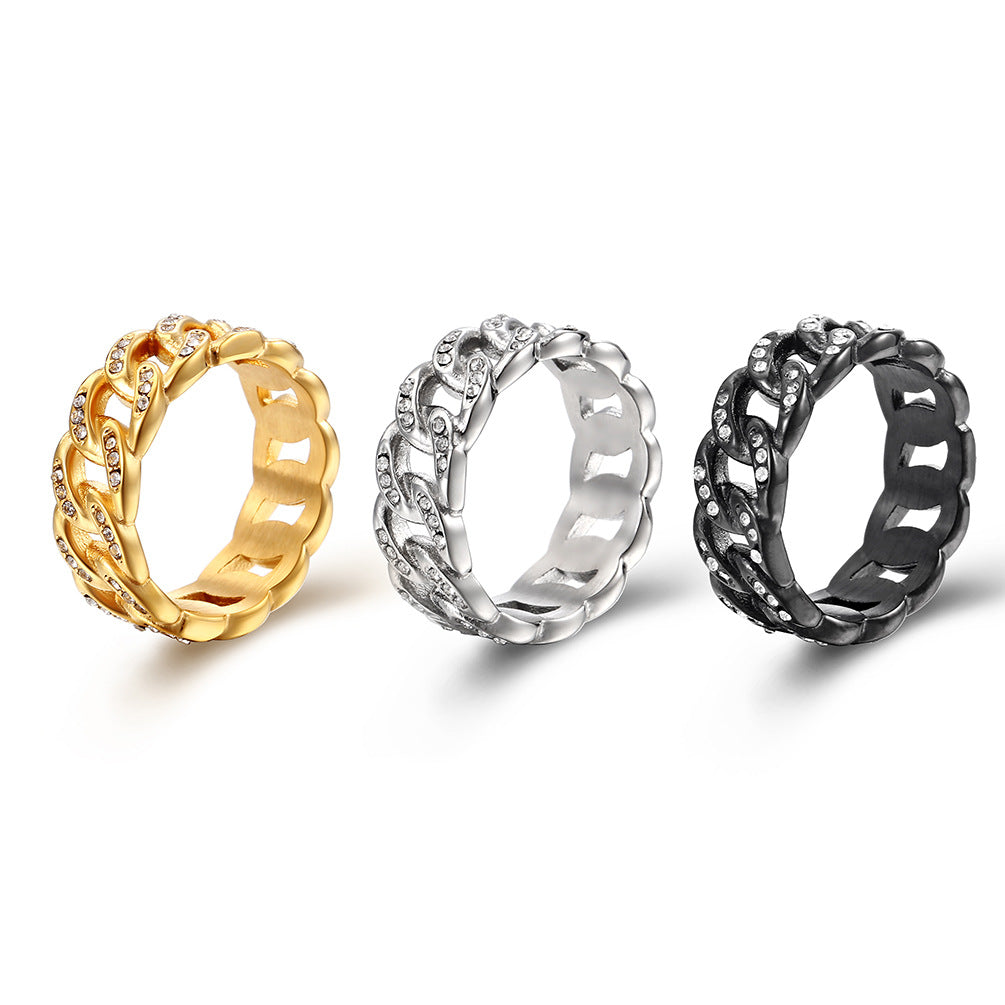 Planderful Titanium Cuban Chain Ring With Zircon Inlay For Hip Hop Style Men Unisex Luxury Jewelry