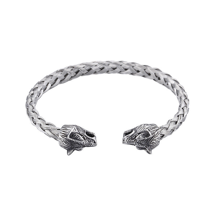 Planderful Stainless Steel Wolf Head Bracelet For Men Open Hip Hop Style Durable Jewelry