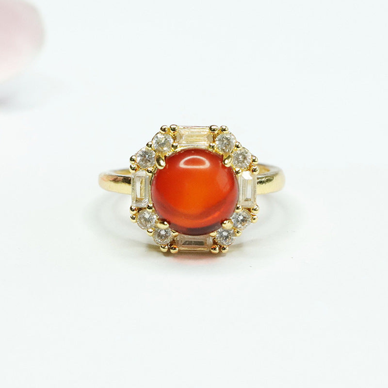 Amber Beeswax Halo Ring with Zircon Accent - Adjustable Sterling Silver Ring