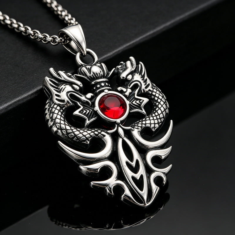 Chinese Style Retro Zodiac Dragon Necklace Stainless Steel Double Dragon Play Bead Pendant