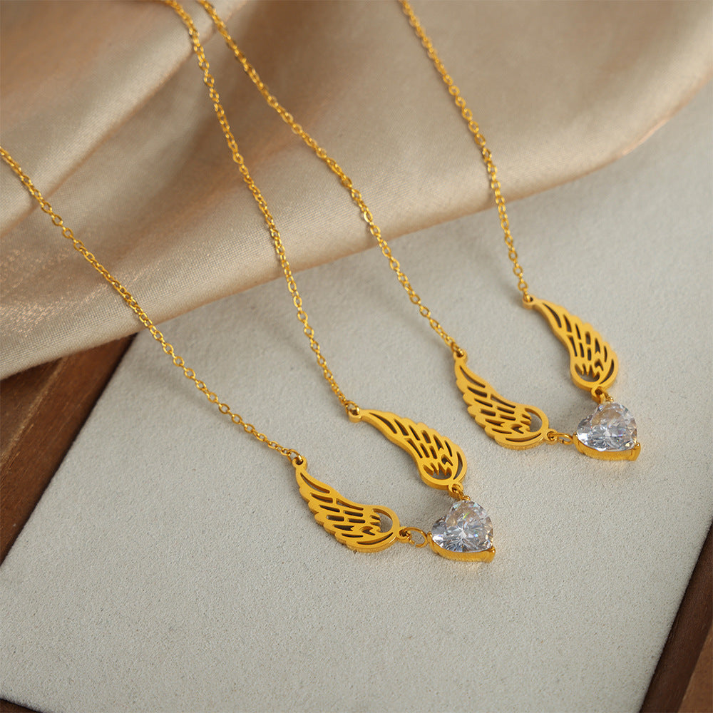 Golden Angel Wing Zircon Necklace - Fashionable Jewelry with Titanium Plating