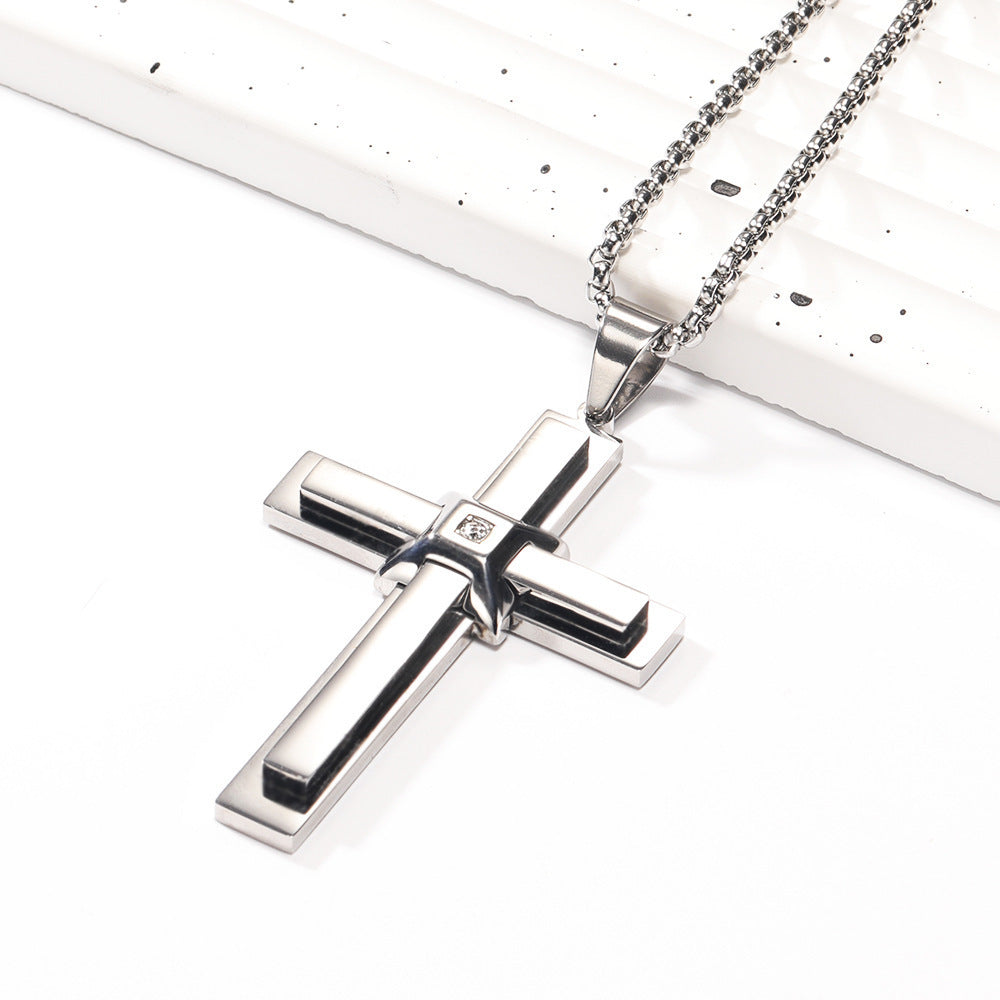 Planderful Mens Cross Pendant Necklace Titanium Steel With Zircon Inlay Gift For Him