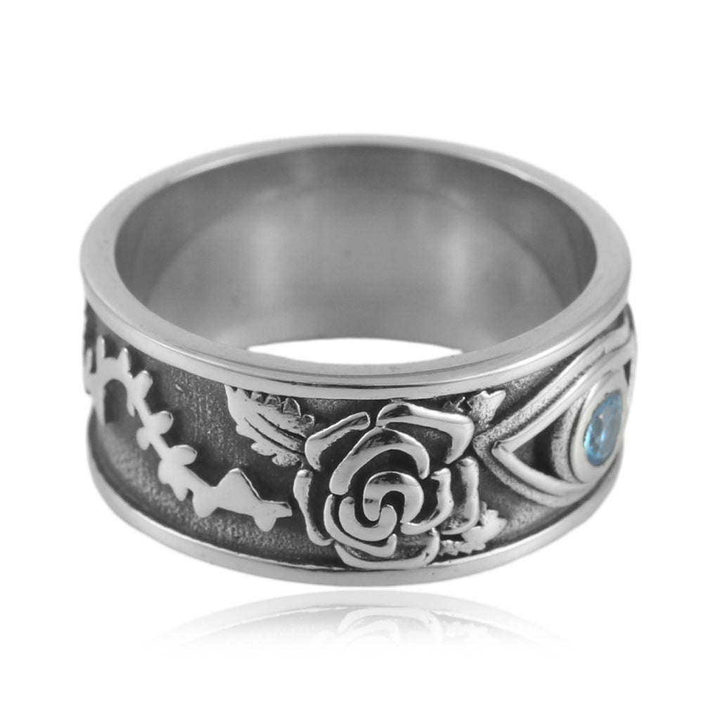 Retro Men's Titanium Steel Rattan Flower Ring - European and American Style