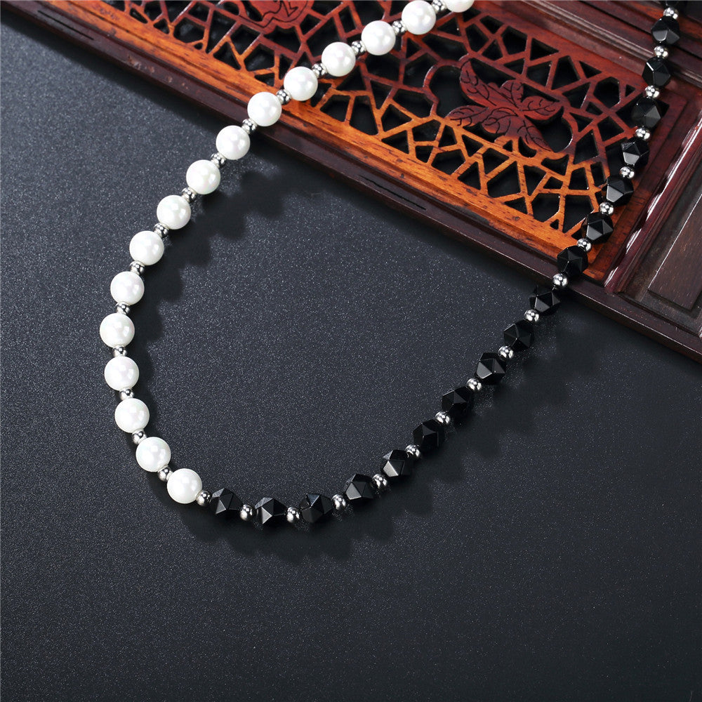 Planderful Durable Titanium Steel Necklace For Men Unisex Black Bead White Pearl Pendant Hip Hop Stage Jewelry