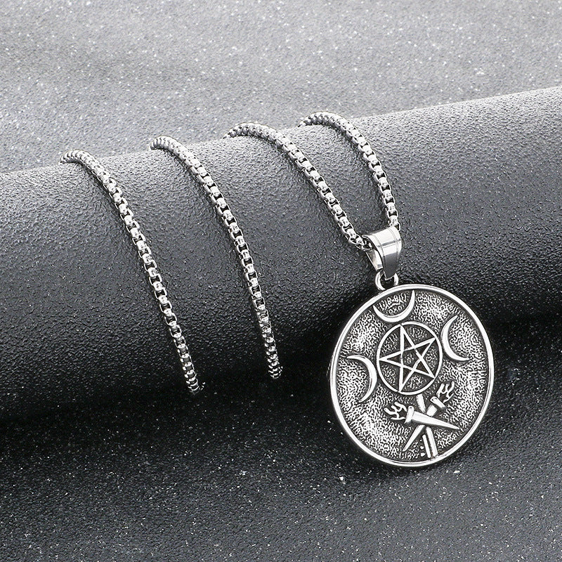 Retro Pentagram Triple Moon Necklace, Gothic Wind Snake Wrapped Pentagram Men's Titanium Steel
