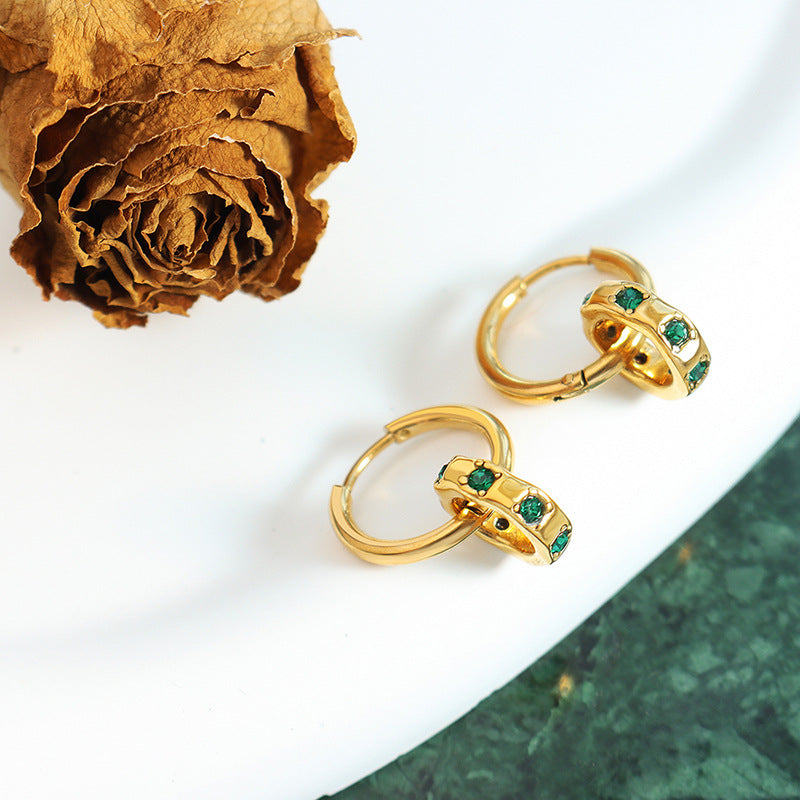 Green Zircon Inlaid Ring Pendant Earrings Set in Titanium Steel