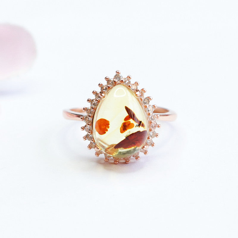 Floral Amber and Zircon Sterling Silver Ring with Adjustable Diameter