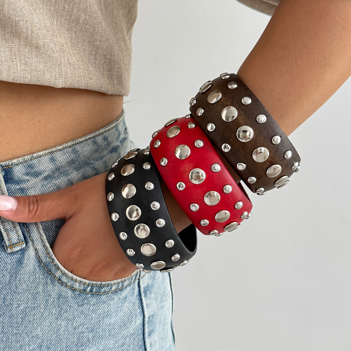 Cold And Exaggerated National Style Wooden Wide Bracelet Star Geometric Rivet Bracelet
