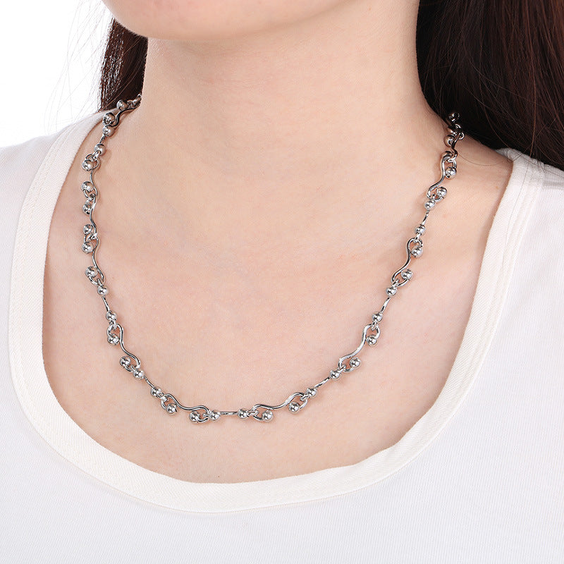 Premium Sense Interlocking Stainless Steel Necklace Women's'S Special-Shaped Twisted Line Round Bead Splicing