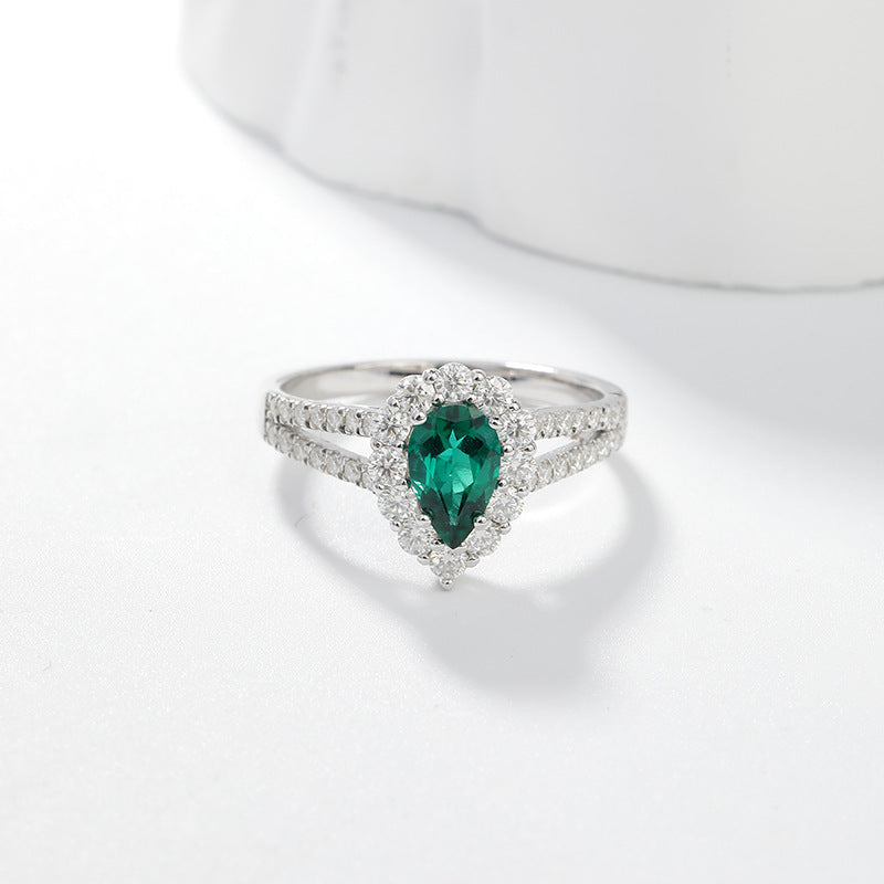 Jewelry 1 Carat Water Drop Lab Grown Emerald Halo Ring