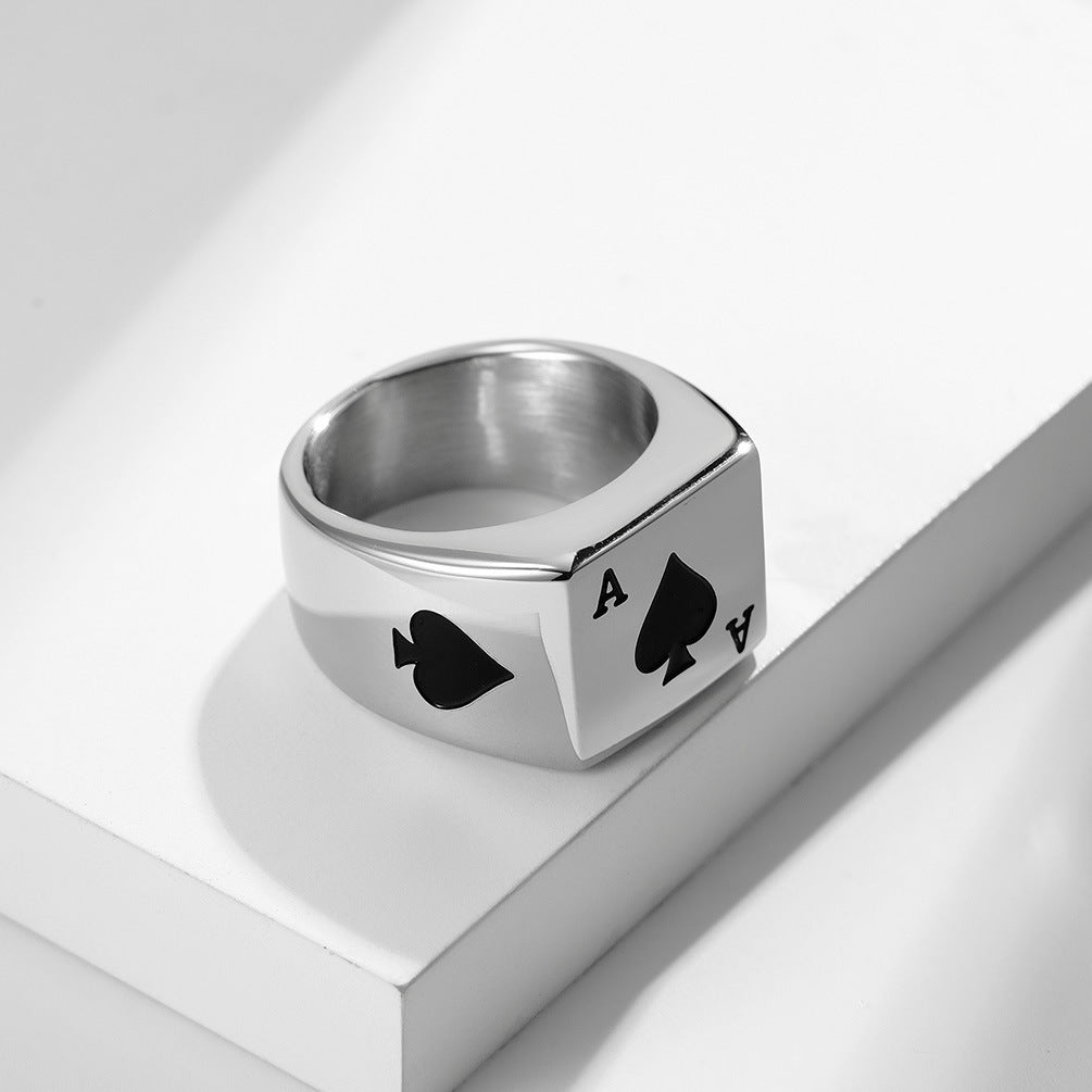 Planderful Steel Ring For Men Vintage Card Hearts Spades Design Bold Lucky Poker Jewelry