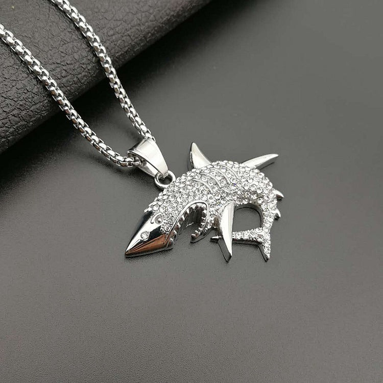 Planderful Titanium Steel Zircon Shark Pendant Unisex Hip Hop Jewelry Statement Accessory