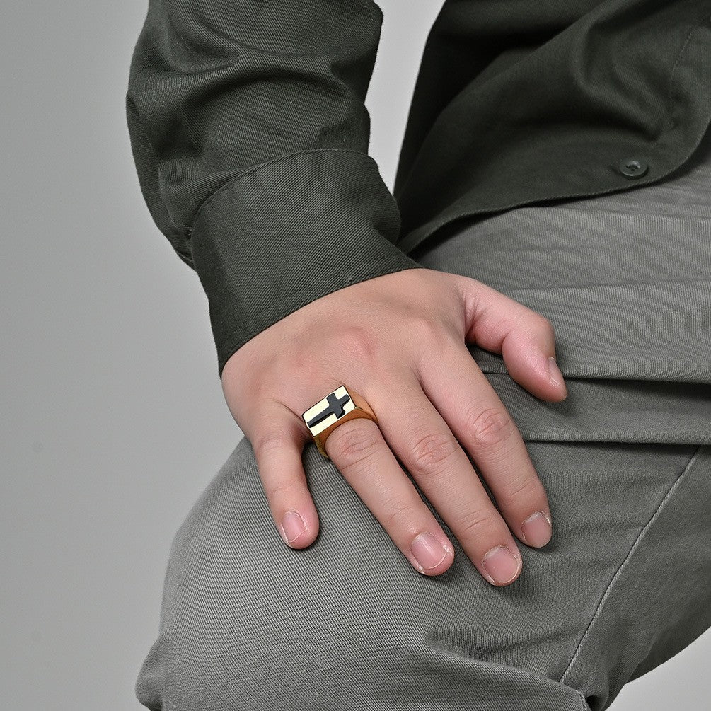 Scenery Cross Stainless Steel Gold-Plated Ring