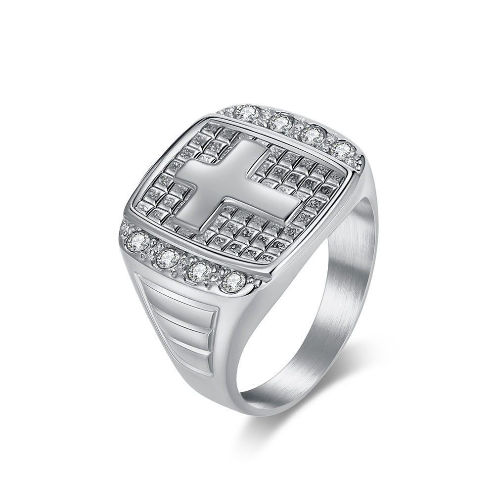 Planderful Cross Titanium Steel Ring For Men With Zircon Inlay Everyday Genie Luxury Jewelry