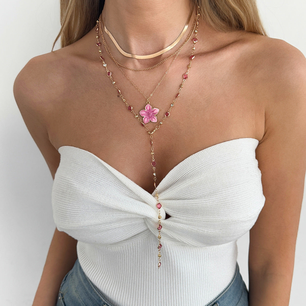 Light Luxury Oil Drip Flower Collarbone Holiday Y-Shaped Colored Zircon Fringed Necklace