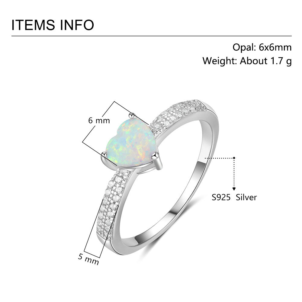 Planderful Jewelry Sterling Silver Opal Ring Heart Shaped Design With Zircon Accent For Elegant Everyday Wear