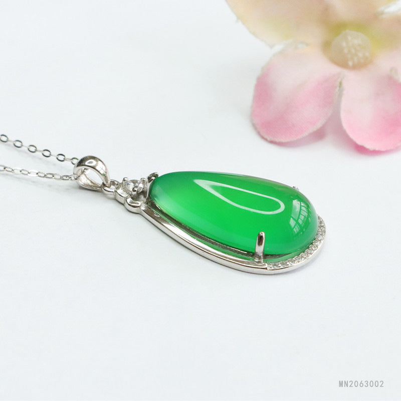 Green Chalcedony Teardrop Silver Pendant — No Chain