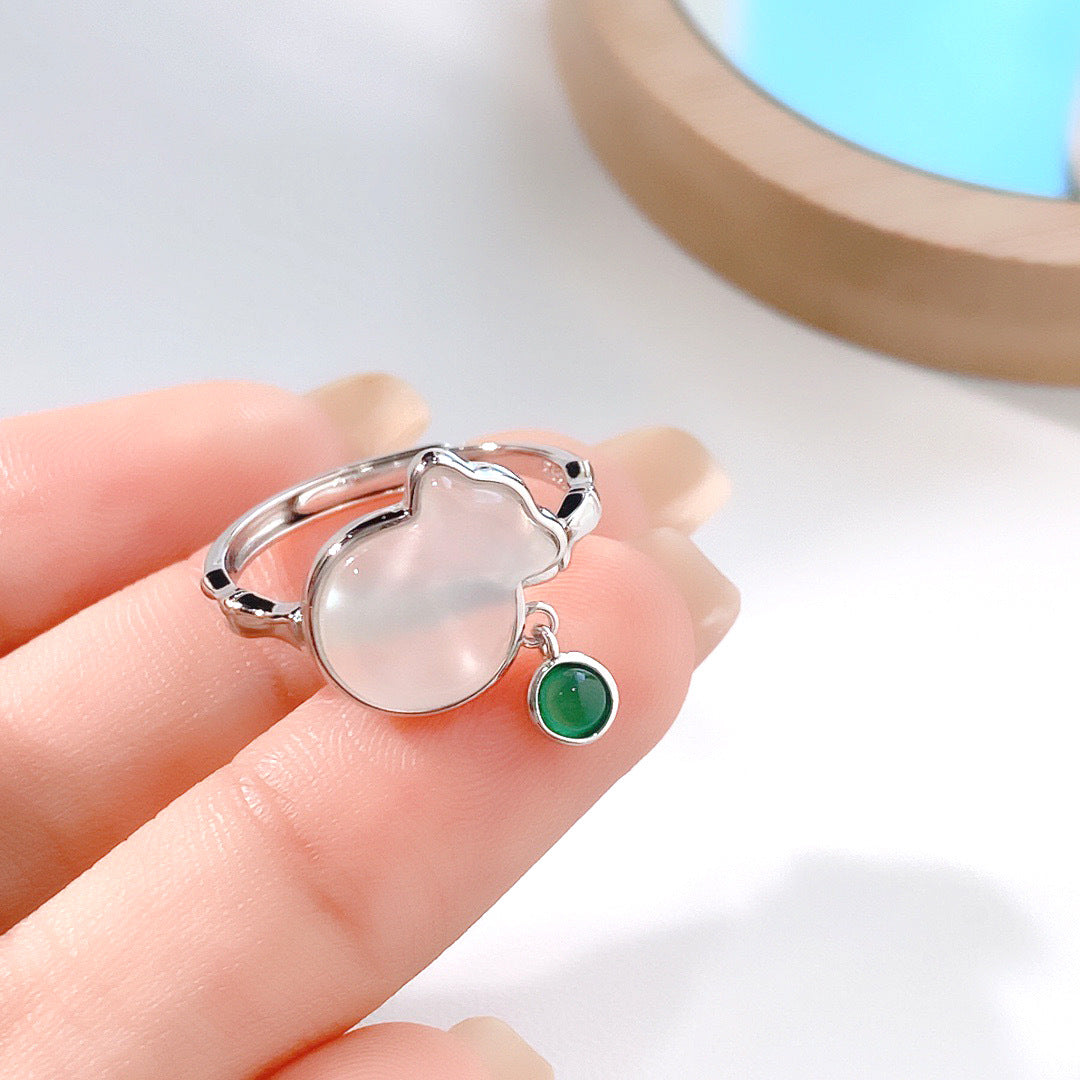 S925 Sterling Silver Natural Chalcedony Lucky Bag Ring — Adjustable