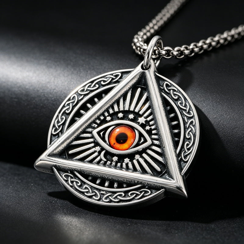 Nordic Celtic Symbol Retro Mysterious Sun And Moon Pentagram Inlaid With Opal Triangle Necklace