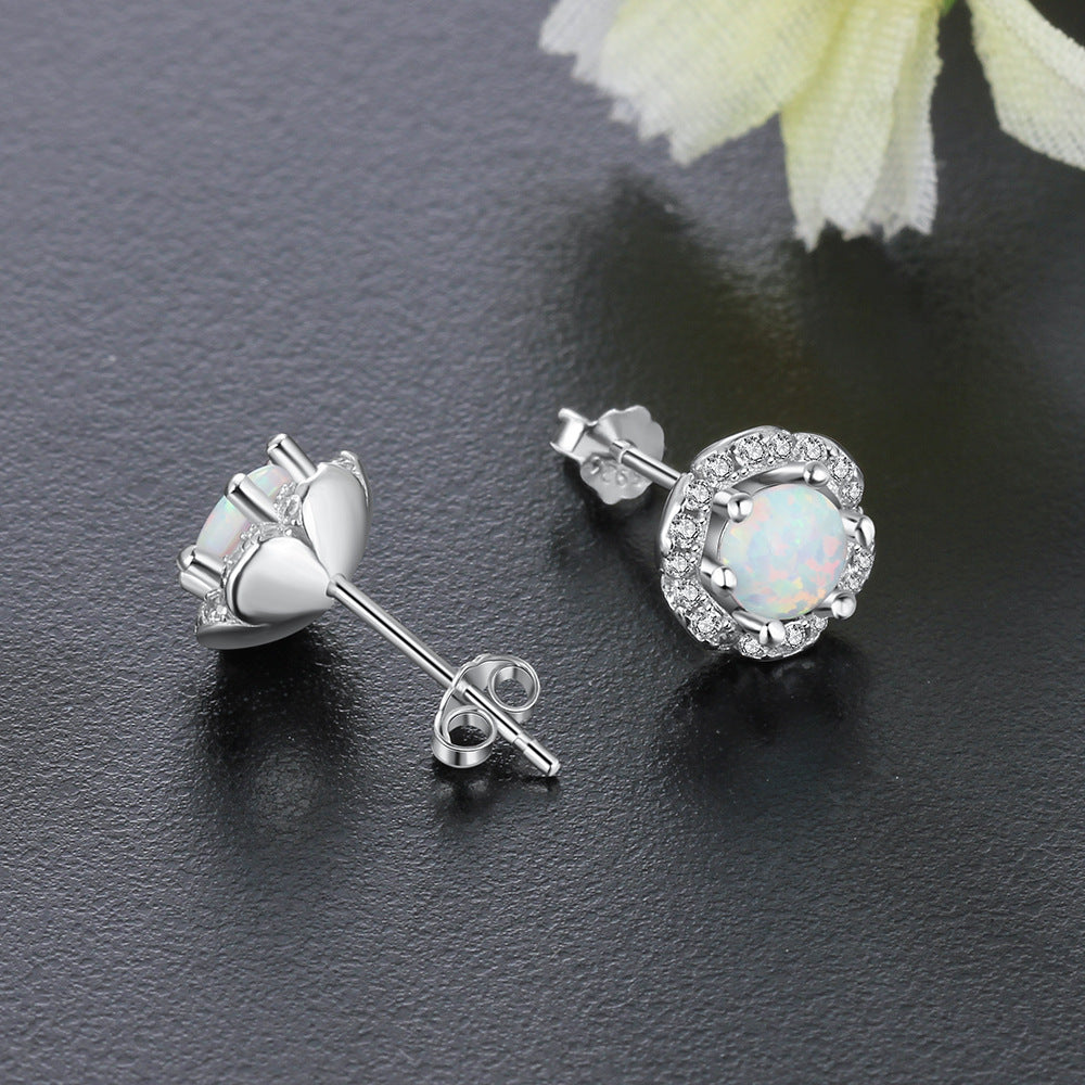 Planderful Jewelry Opal Stud Earrings Sterling Silver Flower
