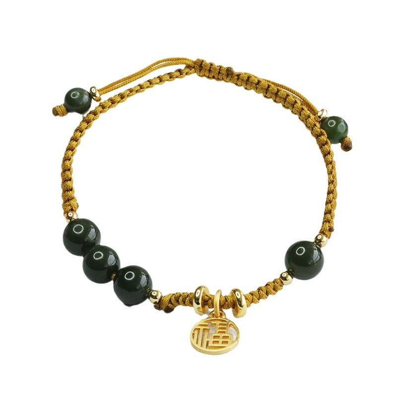 Hetian Jasper Fortune Charm Cord Bracelet