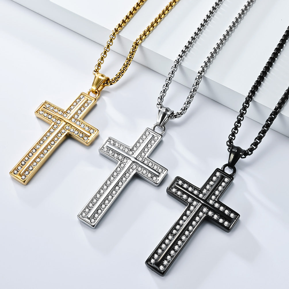 Planderful Shop Titanium Cross Necklace For Men With Double Row Zircon Pendant Bold Hip Hop Faith Jewelry