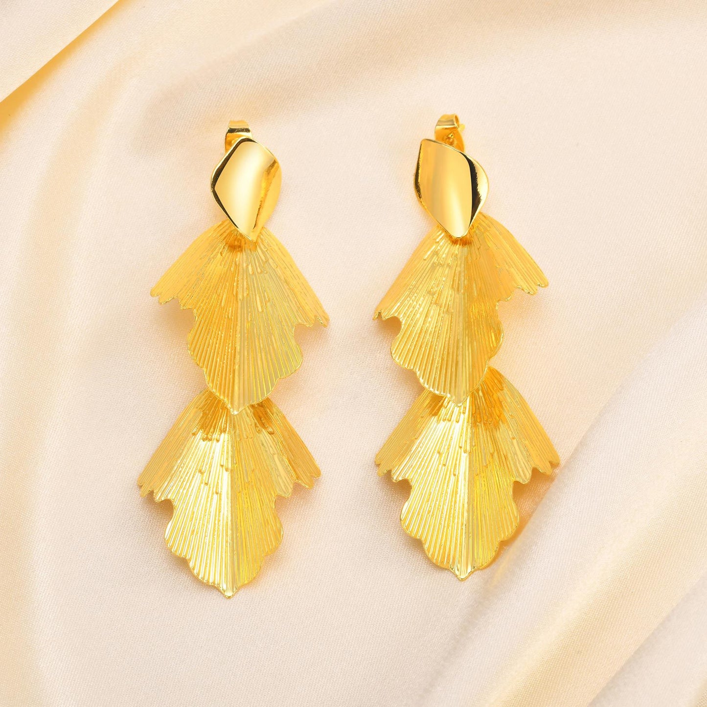 Jewelry Women's Earrings Copper Two Leaves Tassel 18K Gold