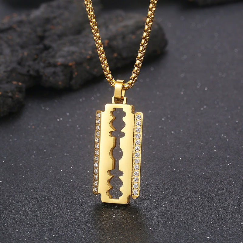 Hip Hop, Rock Street Vacuum Plated Cnc Inlaid Zircon Blade Square Pearl Titanium Necklace