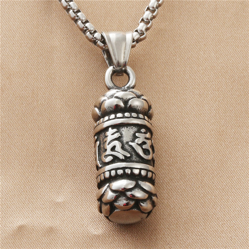 Personalized Titanium Steel Lotus Column Pendant Necklace - Retro Men's Punk Six-Character Mantra Flower Design