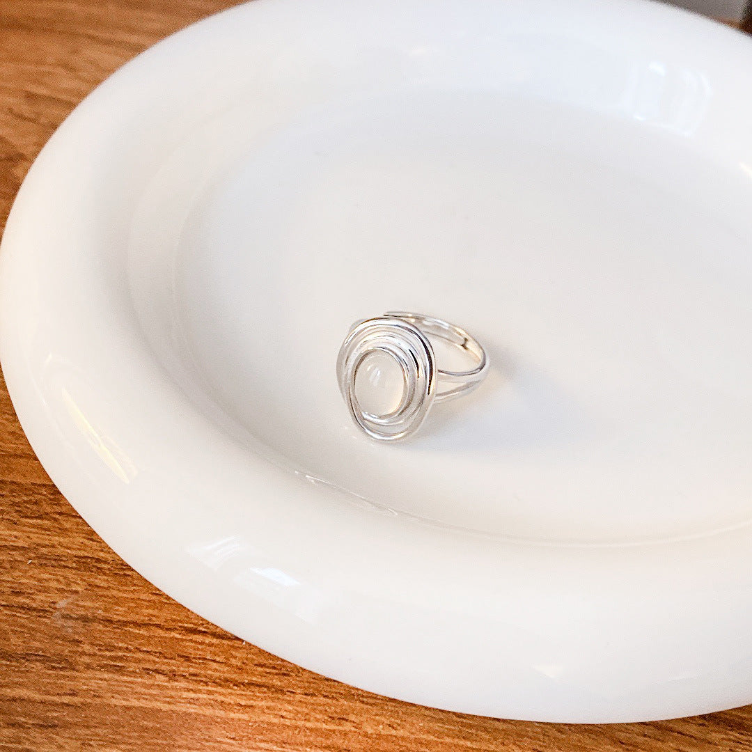 S925 Sterling Silver Natural Chalcedony Ring — Adjustable