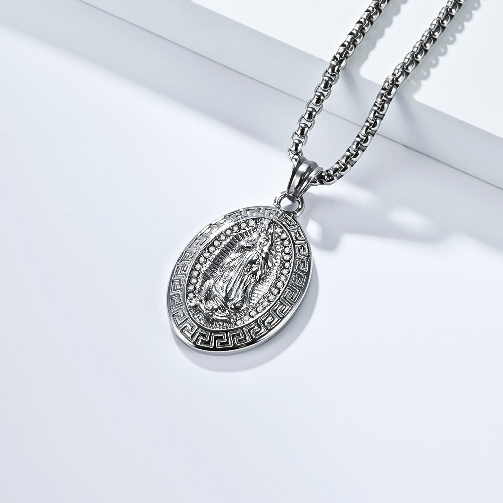 Virgin Mary Titanium Steel Necklace 18K Gold Plated Retro Great Wall Pattern For Men Pendant By Planderful