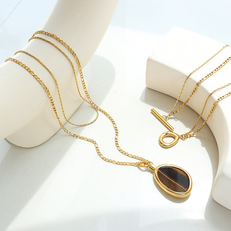 Tiger's Eye Double-Layer Necklace with Exaggerated Personality and Gold-Plated Sweater Chain - Women's Fashion Accessory