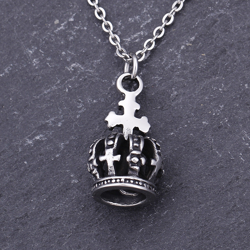 Royal Cross Crown Pendant - Vintage Punk Style Titanium Steel Men's Necklace