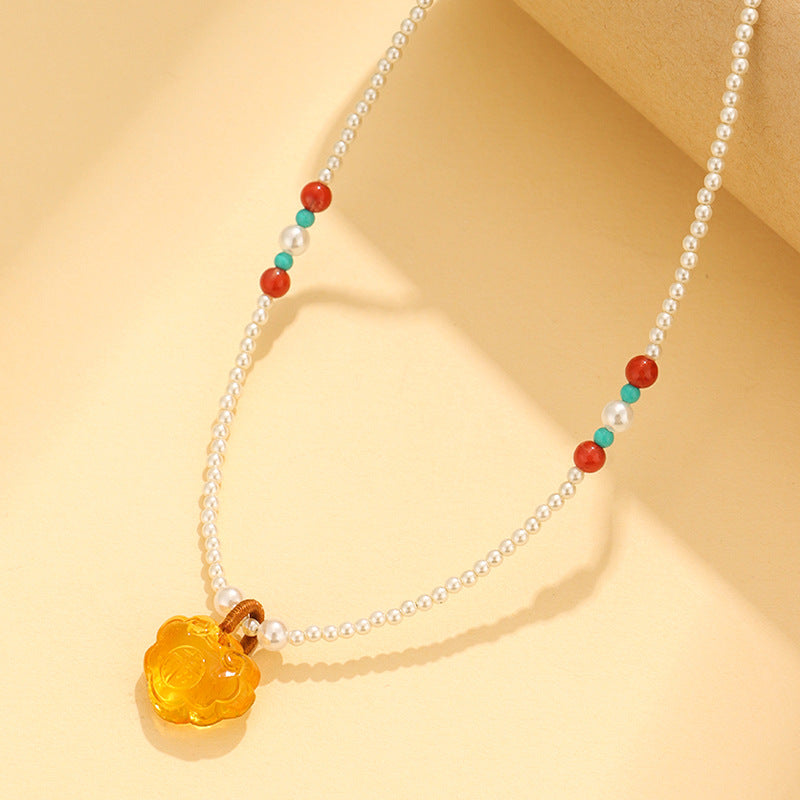 Pearl Amber & Red Agate Pendant Necklace