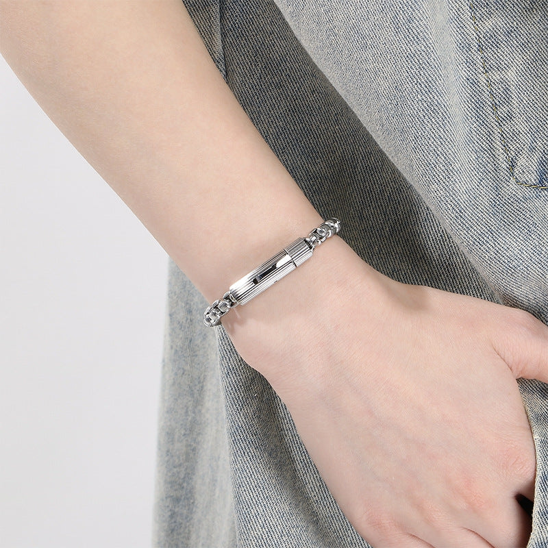 Wind Niche Design Stainless Steel Vertical Pattern Square Pearl Round Buckle Bracelet