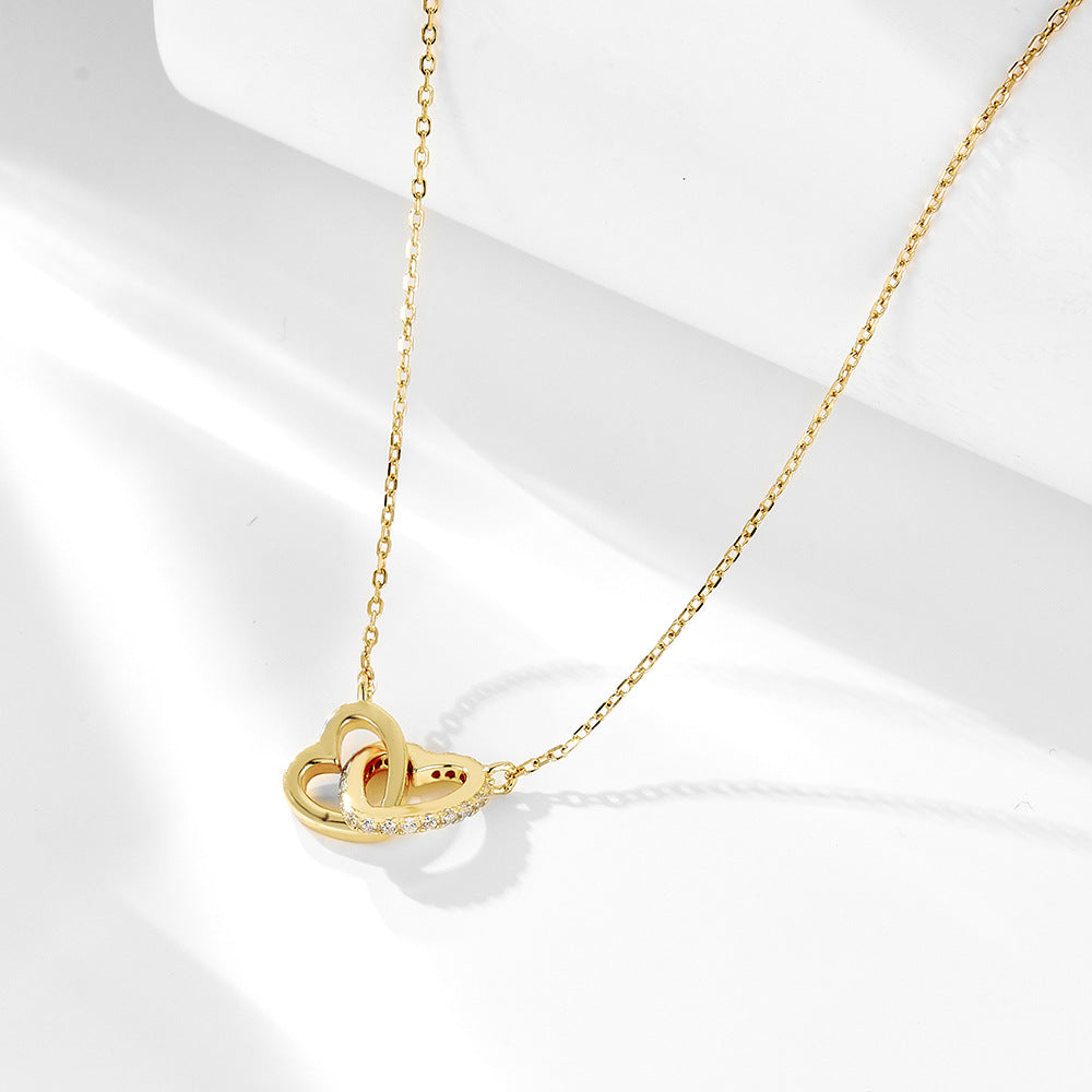 S925 Sterling Silver Zircon Love Interlocking Necklace Heart-Shaped
