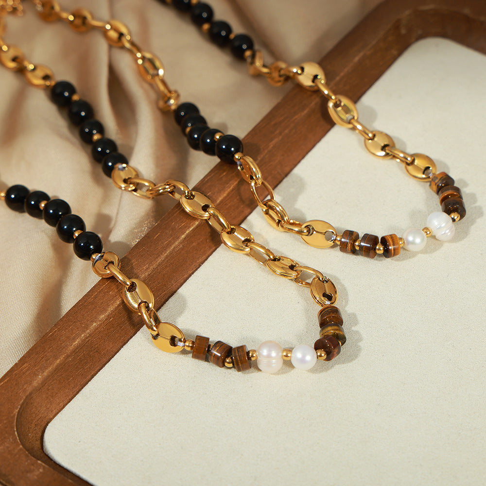 Luxury Tiger's Eye and Black Agate Handmade Necklace with Freshwater Pearls
