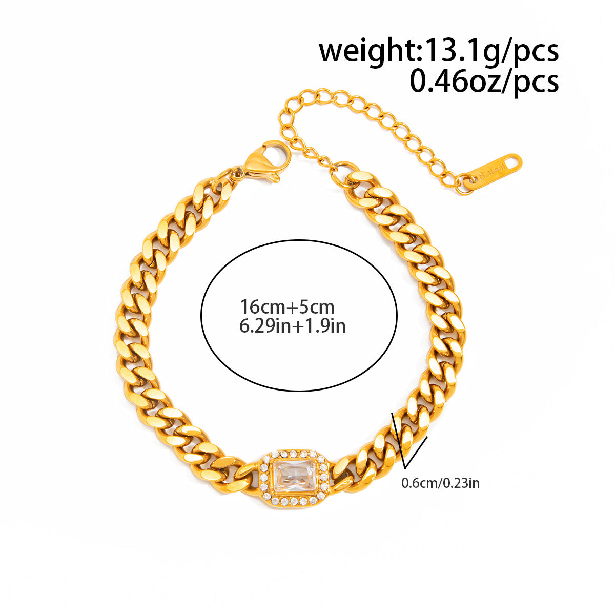 Stainless Steel Vertical Pattern Inlaid Zircon Bracelet Slightly Inlaid Zircon Square Gemstone