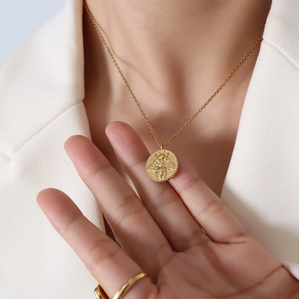 Elegant Titanium Steel Plated Gold Bee Coin Pendant Necklace - Women's Jewelry