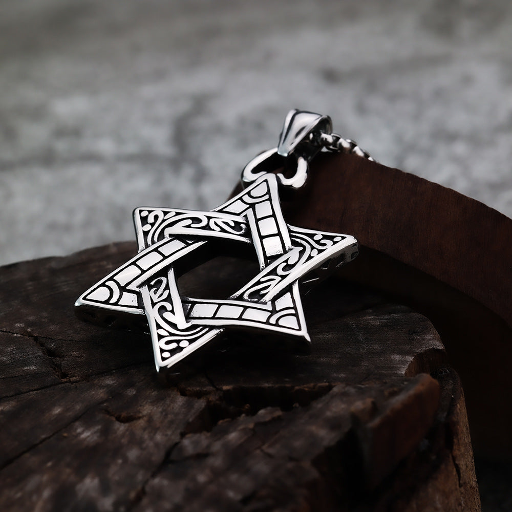 Hexagram Pendant for Men Double Sided Titanium Steel Necklace by Planderful Shop Edgy Retro Punk