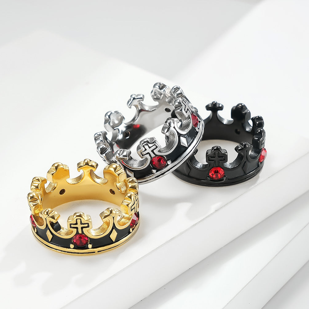 Red Zircon Crown Ring Unisex Retro Gothic Stainless Steel Titanium Band Planderful Everyday Genie