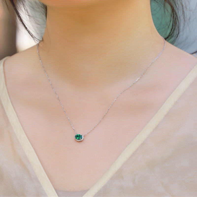 S925 Sterling Silver Lab-Grown Emerald Oval Vintage-Inspired Necklace