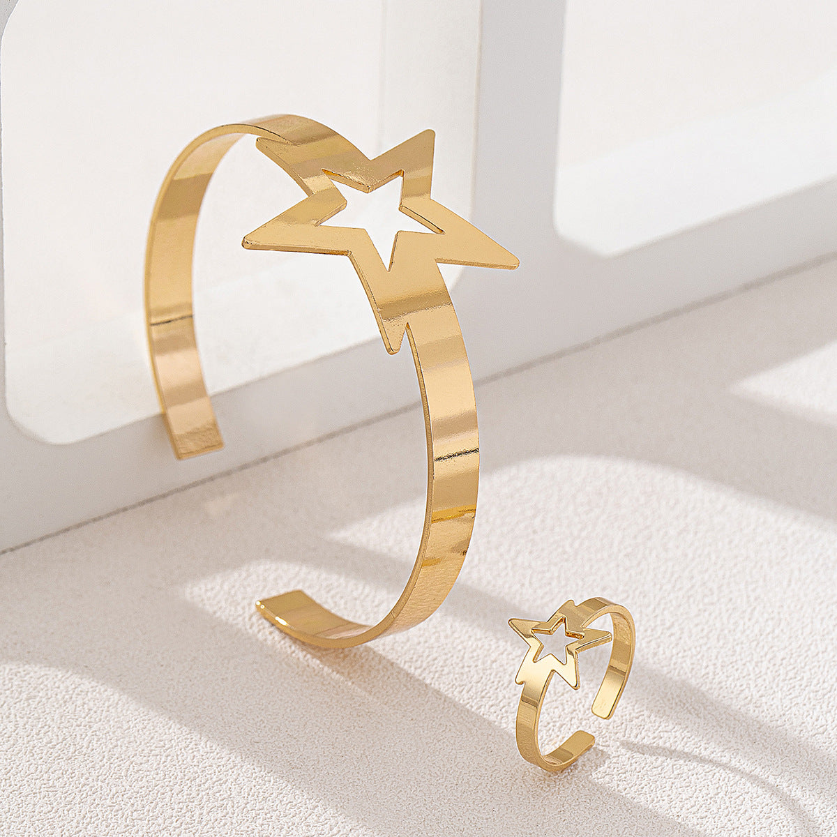 Minimalist Metal Pentagram Bracelet and Ring Set for Women