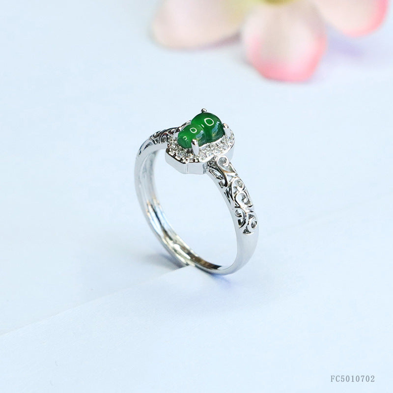 Green Jadeite Gourd Ruyi Openwork Ring