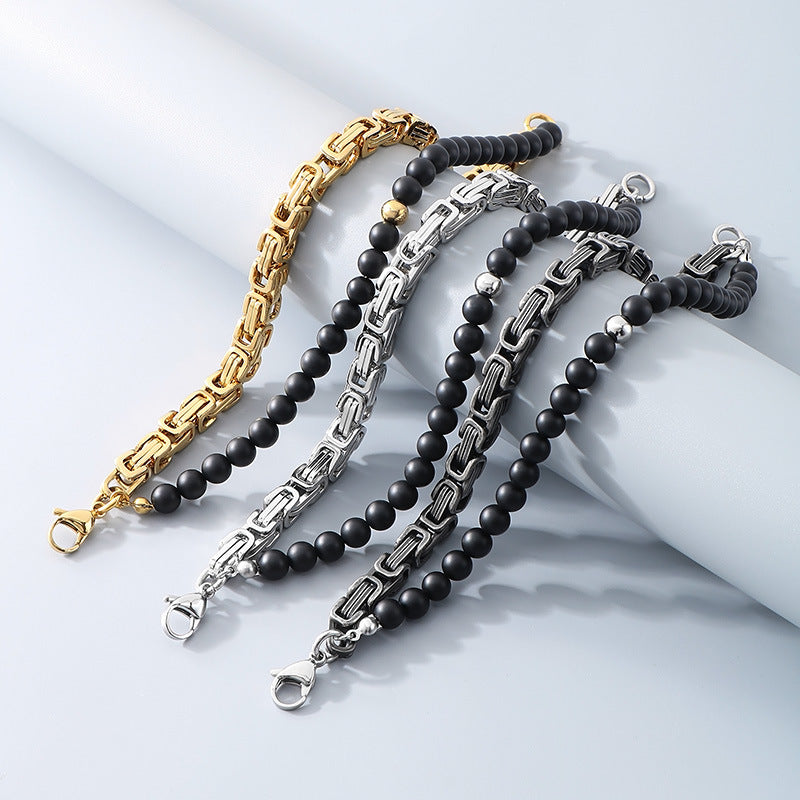 Planderful Mens Black Agate Double Layer Emperor Bracelet