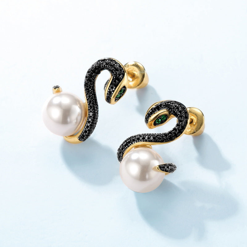 Black Snake Round Pearl Sterling Silver Stud Earrings