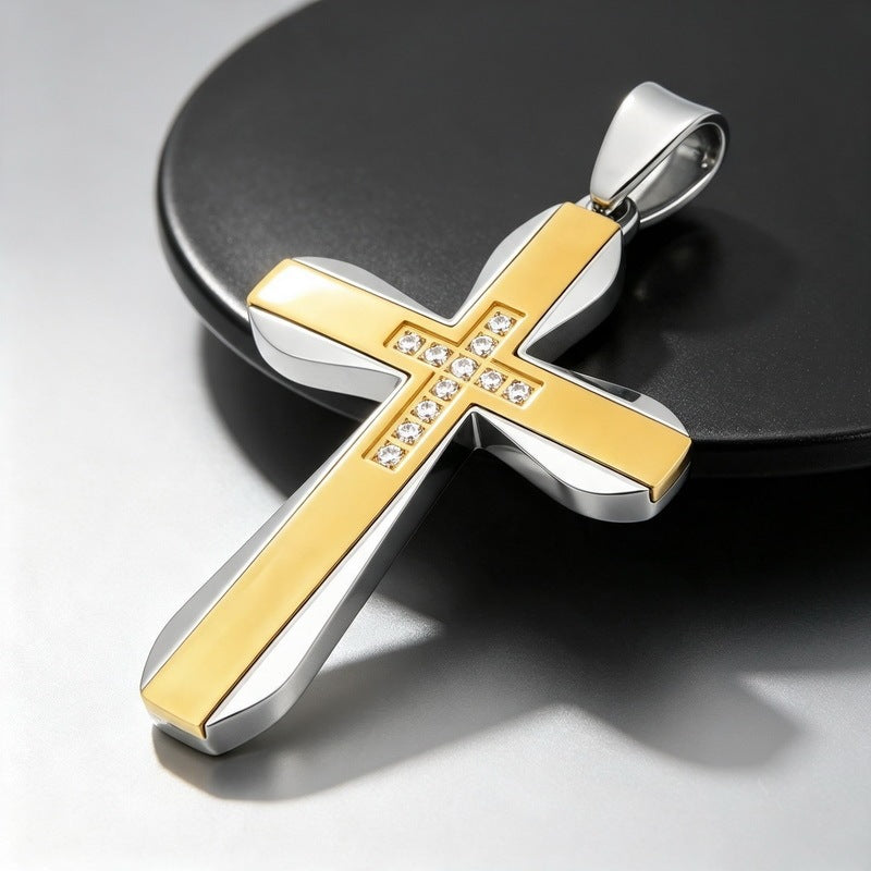 Hip Hop Rock Double Contrast Color Zircon Cross Titanium Steel Pendant Back Stainless Necklace