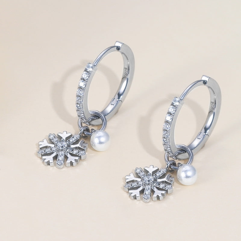 Round Pearl and Snowflake Pendnat Zircon Sterling Silver Hoop Earrings