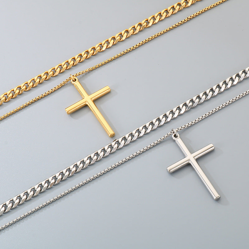 Glossy Cross Pendant Necklace, Six-Sided Grinding Square Pearl Chain Double-Layer Stacked Men's Necklace.